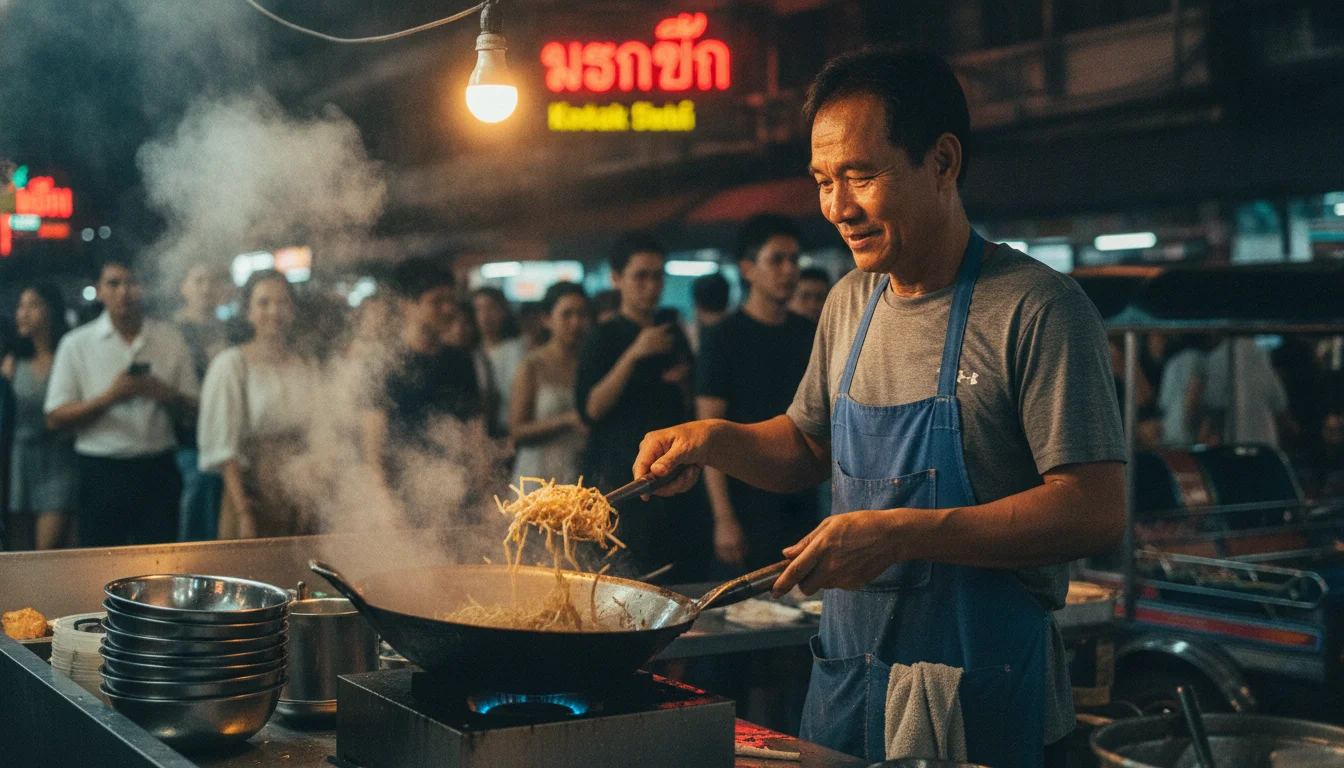 a practical or atmospheric scene at or near Bangkok City — a street, market stall, viewpoint, or local transport scene