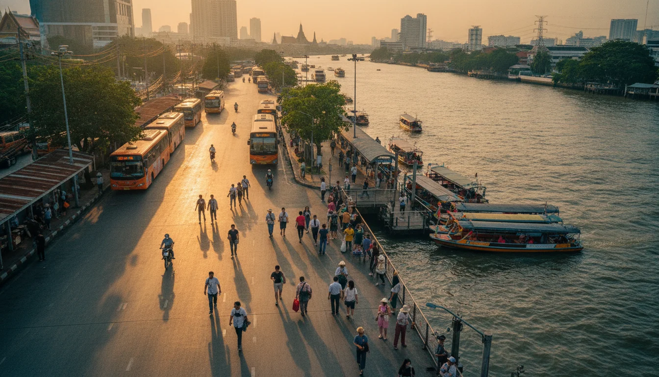 the approach road, bus station, ferry pier, or transport hub serving Bangkok City — describe what is visible