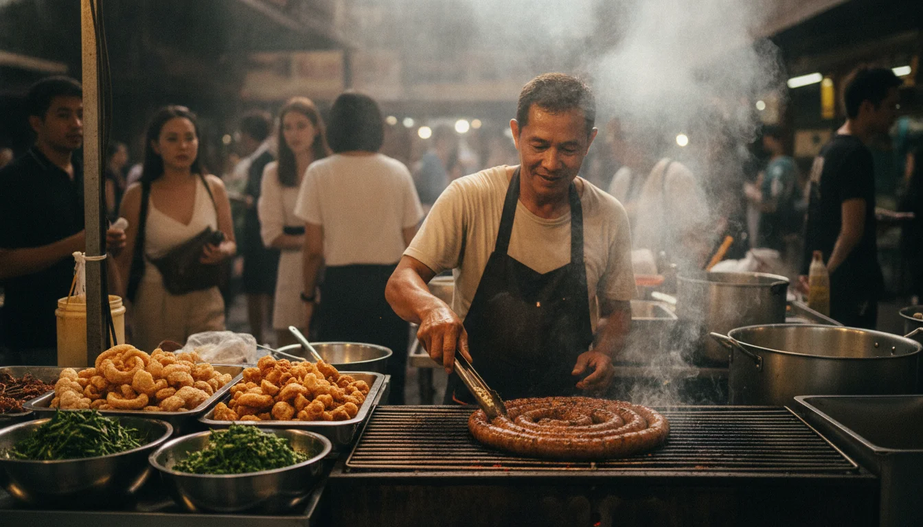 Local Thai vendor grilling sai oua