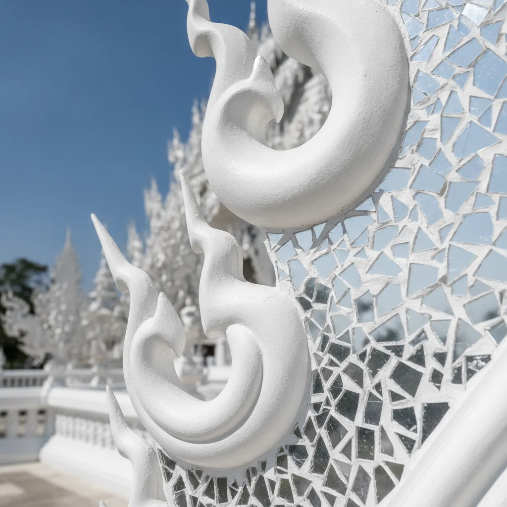 Intricate white plasterwork and mosaic mirror inlay of Wat Rong Khun Intricate white plasterwork and mosaic mirror inlay of Wat Rong Khun