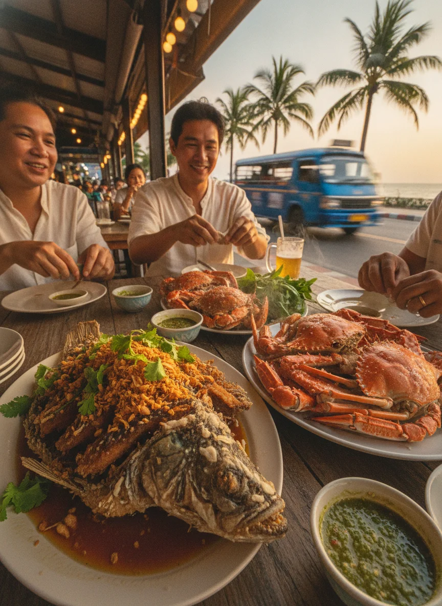 Traditional Thai seafood feast on Jomtien Beach Road Traditional Thai seafood feast on Jomtien Beach Road