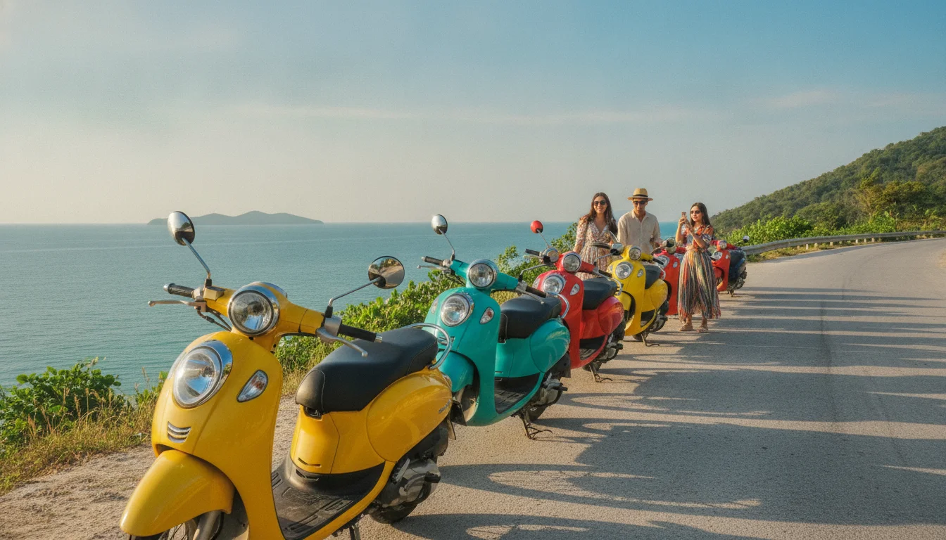 a practical or atmospheric scene at or near Koh Larn — a row of brightly colored motorbikes parked systematically along the narrow cliffside road leading to Tien Beach