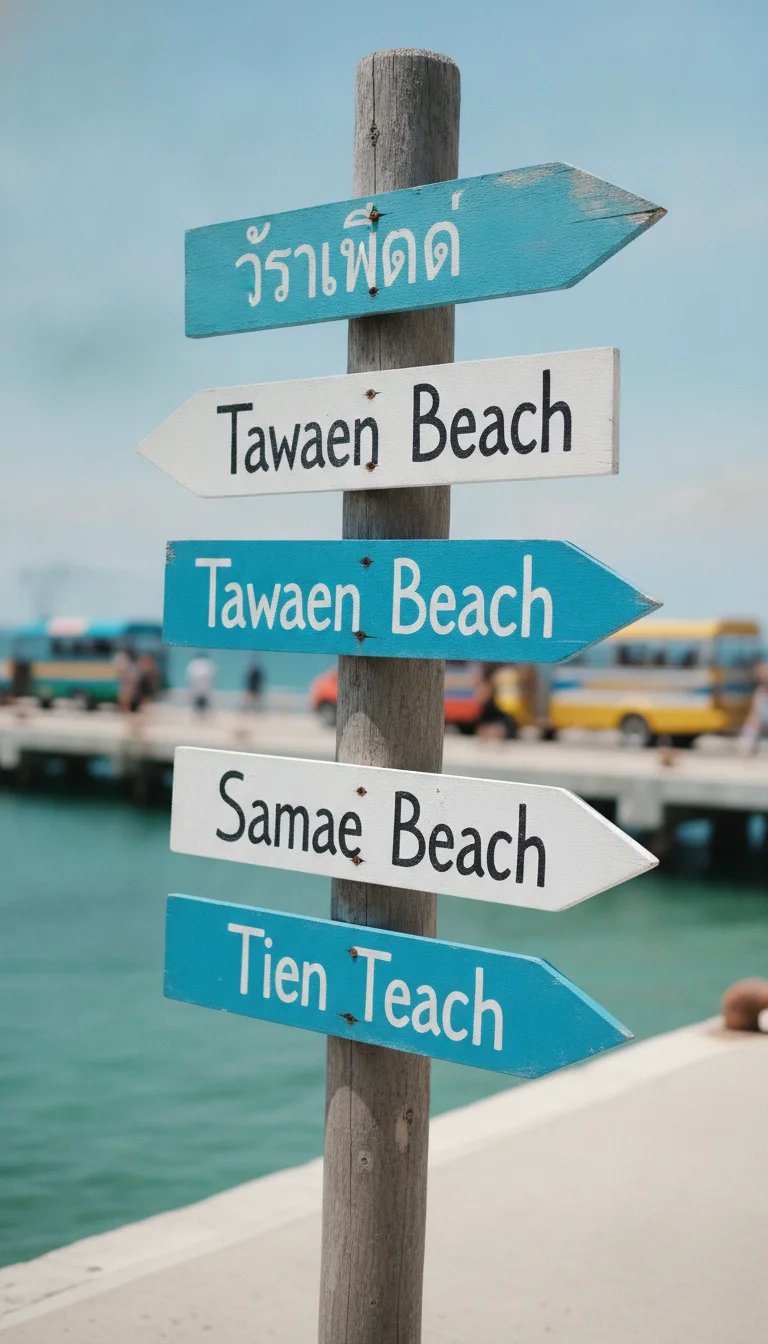 a detail shot of a landmark, local scene, food, or cultural element specific to Koh Larn — the distinctive blue and white wooden signpost at Na Baan Pier indicating the directions and distances to the six different beaches on the island