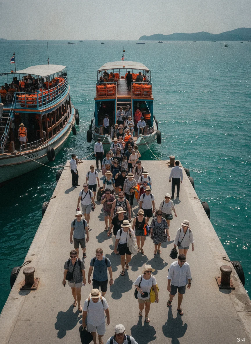 the approach road, bus station, ferry pier, or transport hub serving Koh Larn — Bali Hai Pier in Pattaya, showing the long concrete walkway crowded with passengers boarding the large double-decker wooden ferries bound for Koh Larn