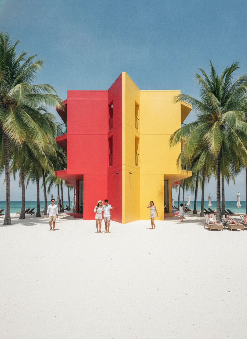 atmospheric shot showing a key landmark, viewpoint, market, temple, or natural feature at Koh Larn — the colorful, modern exterior of Xanadu Beach Resort on Samae Beach, with its brightly painted red and yellow walls contrasting against the white sand and green palms