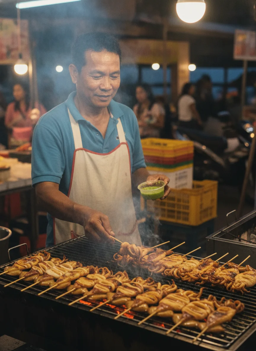 a scene showing the reality of daily life, food, or activity at Koh Larn — a local vendor grilling fresh squid on wooden skewers over charcoal, serving it with bright green seafood dipping sauce near the busy evening market at Na Baan Pier