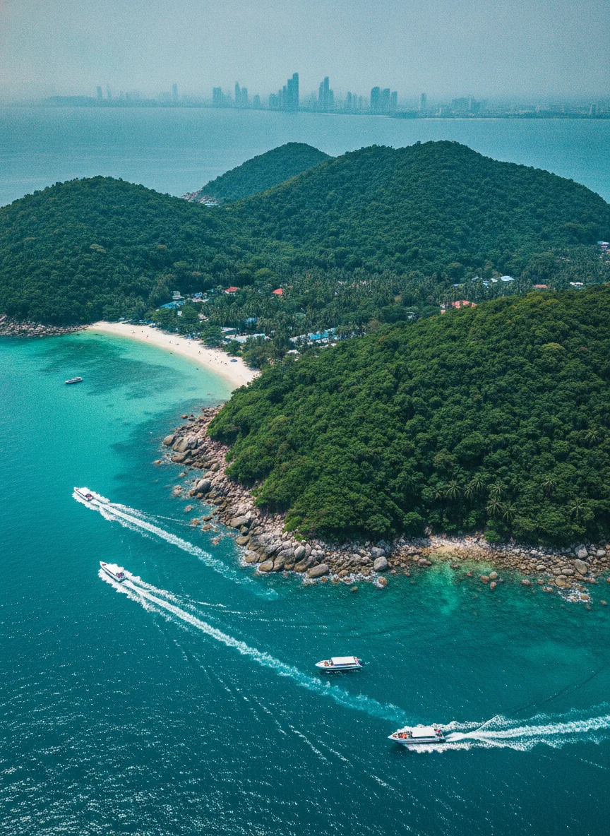 wide establishing shot of Koh Larn — a panoramic view of the island's green, hilly interior sloping down to the turquoise water of the Gulf of Thailand, with Pattaya's high-rise skyline visible in the hazy distance and speedboats dotting the coastal waters