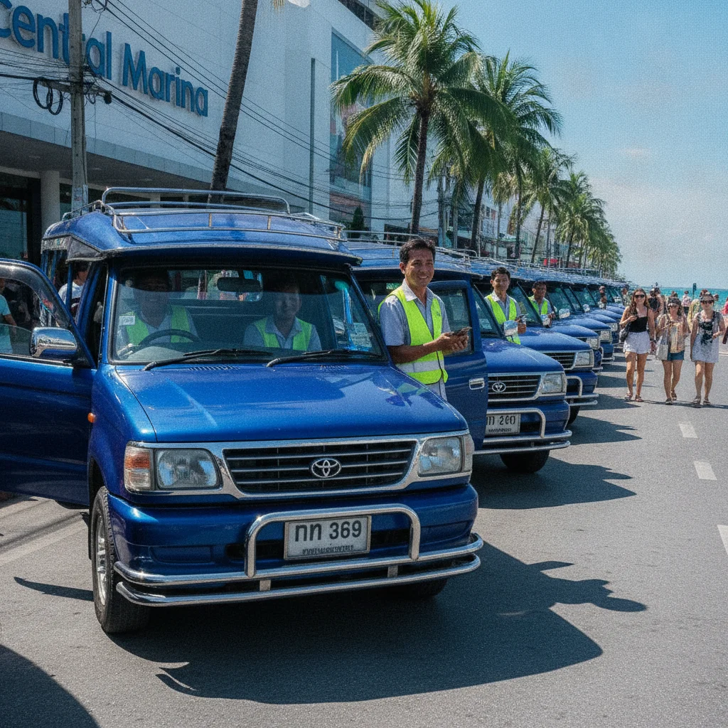 a practical or atmospheric scene at or near Pattaya — A row of blue songthaews parked along the side of Beach Road, waiting for passengers near the Central Marina shopping centre