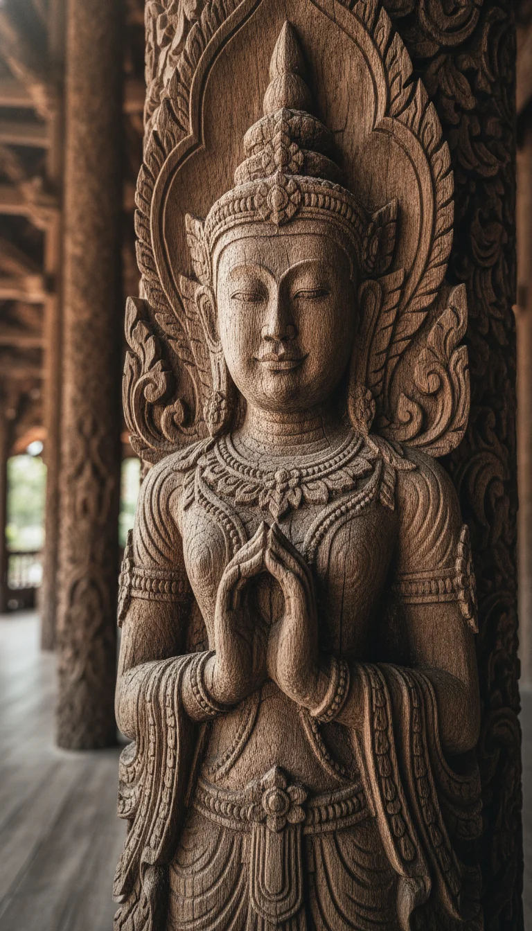 a detail shot of a landmark, local scene, food, or cultural element specific to Pattaya — A close-up of a wooden carving detail at the Sanctuary of Truth, showing the delicate lines of a Buddhist deity carved into aged teakwood