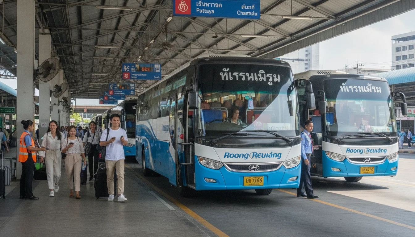 the approach road, bus station, ferry pier, or transport hub serving Pattaya — The bustling platform at Ekkamai Eastern Bus Terminal in Bangkok, showing the blue and white Roong Reuang coaches prepared for departure to Pattaya