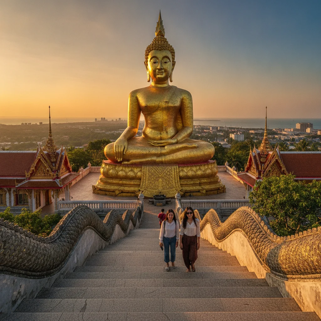 atmospheric shot showing a key landmark, viewpoint, market, temple, or natural feature at Pattaya — The golden Big Buddha statue of Wat Phra Yai sitting majestically at the top of the decorated staircase on Pratumnak Hill