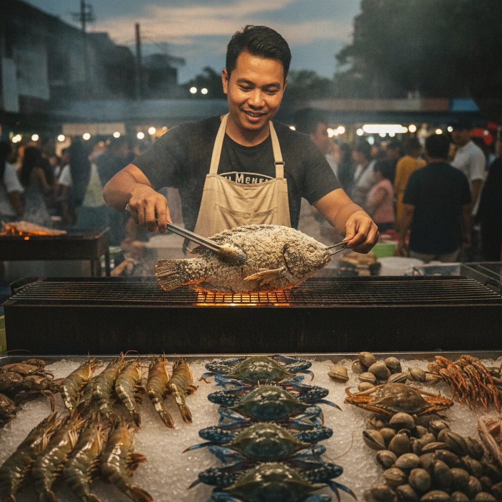 a scene showing the reality of daily life, food, or activity at Pattaya — A busy evening market scene at Lan Pho Na Klua Market with vendors preparing fresh salt-crusted grilled fish over hot charcoal grills, surrounded by displays of blue swimmer crabs, tiger prawns, and local clams on beds of crushed ice