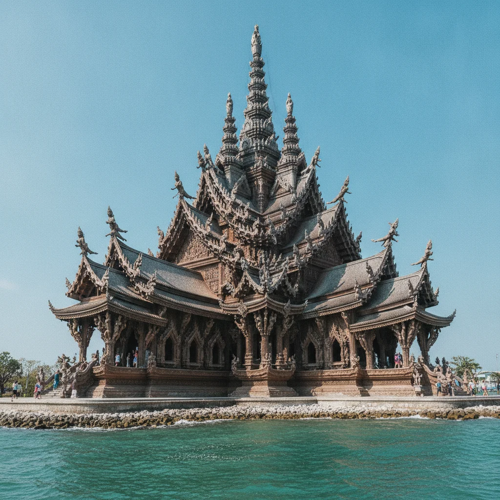 atmospheric shot showing a key landmark, viewpoint, market, temple, or natural feature at Pattaya — The impressive wooden spires and detailed hand-carved facades of the Sanctuary of Truth rising up against the blue sky at the edge of the sea in Naklua