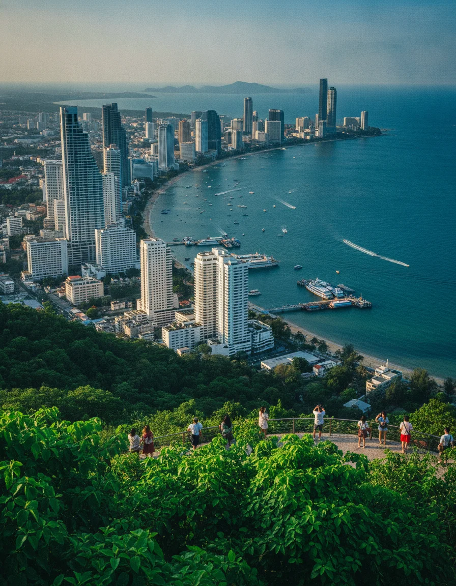 wide establishing shot of Pattaya — Looking down from the Phra Tamnak Hill viewpoint across the sweeping crescent of Pattaya Beach, showing the dense skyline of high-rise hotels, the curved coastline bordering the dark blue waters of the Gulf of Thailand, and Bali Hai Pier extending into the sea at the southern end where speedboats and ferries depart