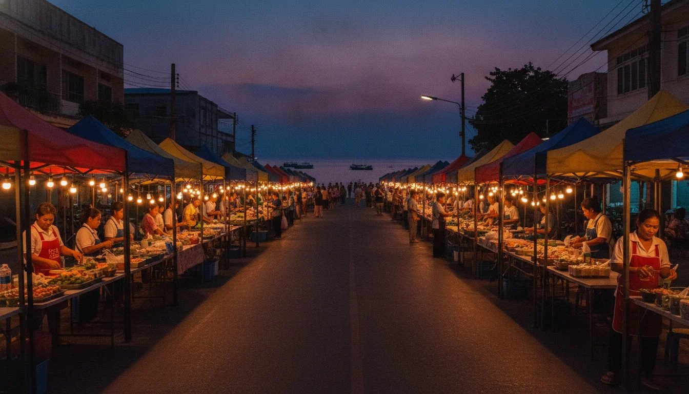 A view of the Sattahip town centre at dusk, showing the local night market stalls beginning to set up under bright umbrellas with the sea visible at the end of the street.