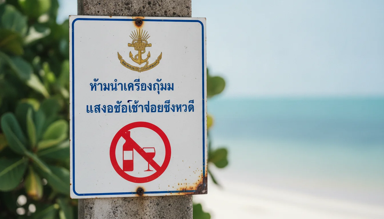 A close-up detail of a "No Alcohol" sign posted near the entrance of a naval-administered beach, with the Royal Thai Navy emblem clearly visible at the top.