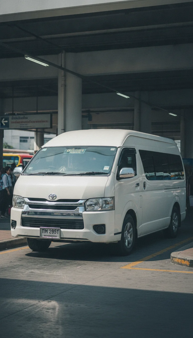 A white Toyota Commuter minivan parked at the Ekkamai Bus Station in Bangkok, with a destination sign in Thai and English for Sattahip displayed in the front window.