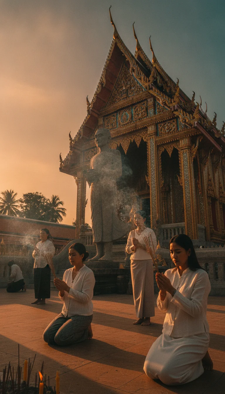 An atmospheric shot of the ornate, gold-trimmed roof of Wat Sattahip against a sunset sky, with the large statue of Luang Pho Yi visible and local devotees lighting incense in the foreground.
