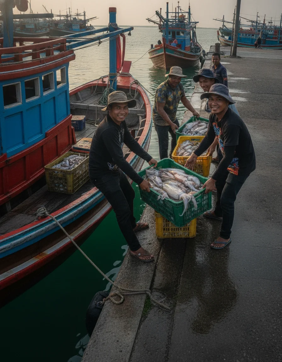 A scene at the Samae San pier showing traditional wooden fishing boats painted in bright blues and reds, with local fishermen unloading crates of fresh squid and blue swimmer crabs onto the concrete dock.