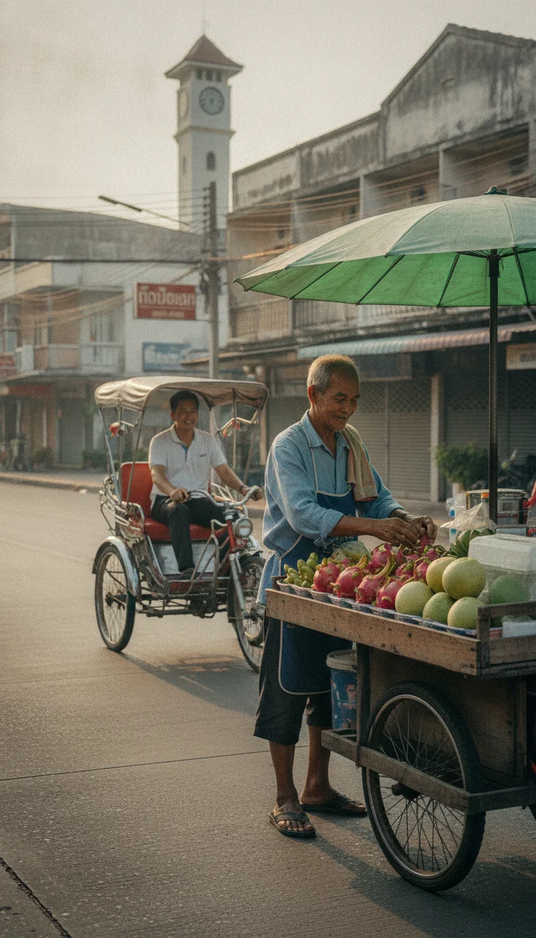 Thai street fruit vendor and local samlor