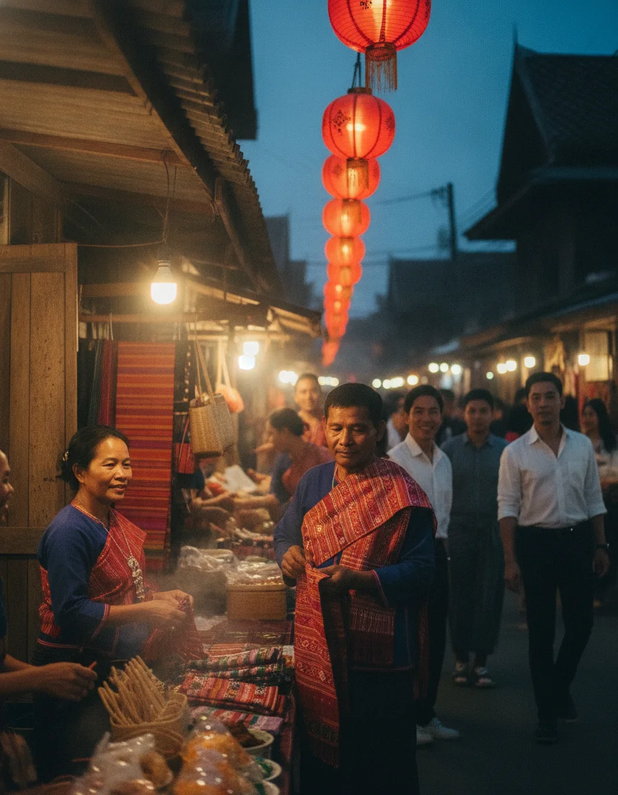 a practical or atmospheric scene at or near Sangkhla Buri — a narrow street in the evening walking market, with red paper lanterns hanging above small wooden stalls selling handmade Mon textiles, woven bags, and hot local snacks