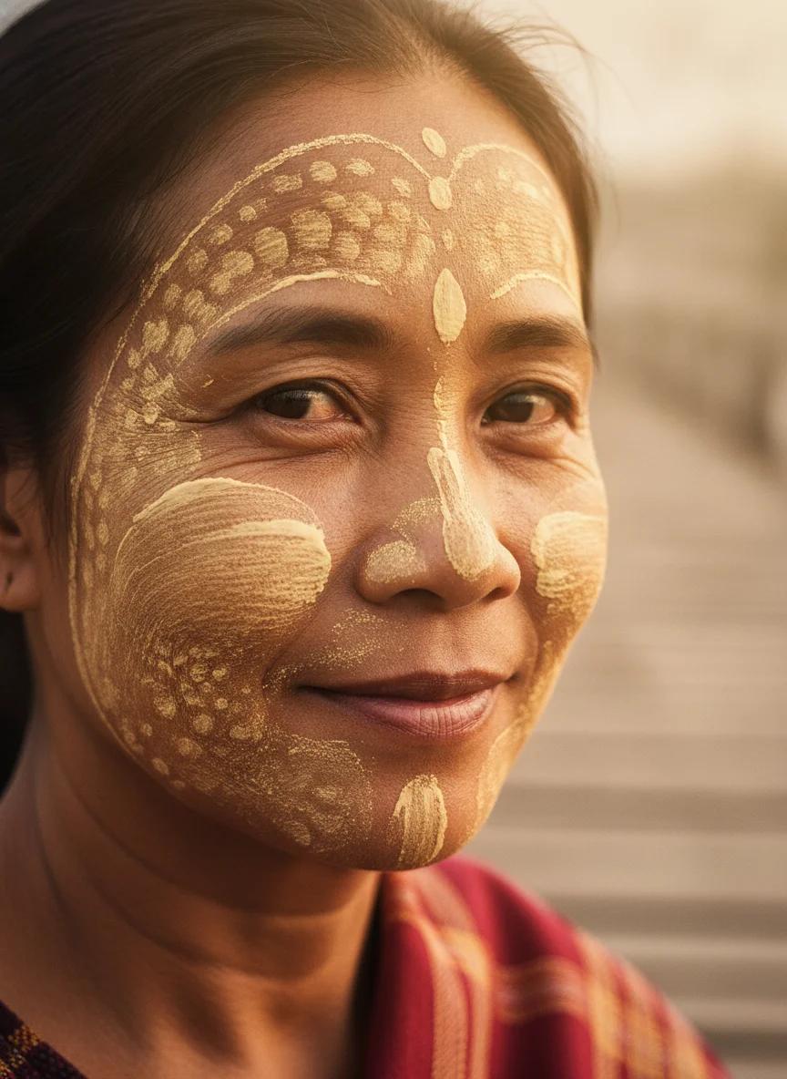 a detail shot of a landmark, local scene, food, or cultural element specific to Sangkhla Buri — a close-up of a local woman’s face showing the intricate pale yellow patterns of thanaka cosmetic paste applied to her cheeks and forehead in traditional Mon style