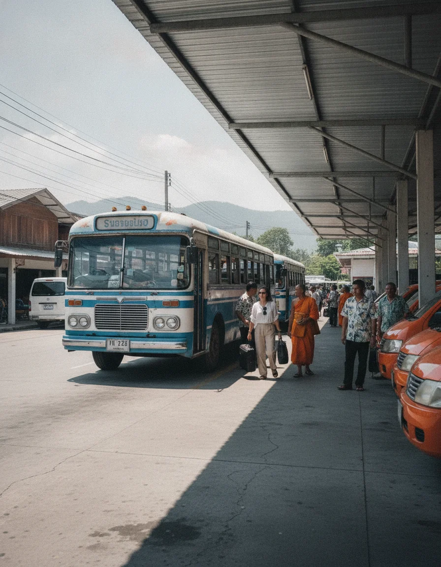 the approach road, bus station, ferry pier, or transport hub serving Sangkhla Buri — the small open-air bus terminal in Sangkhla Buri town centre, showing a parked blue and white local bus alongside several orange songthaews and a few minivans waiting for passengers under a metal shelter canopy
