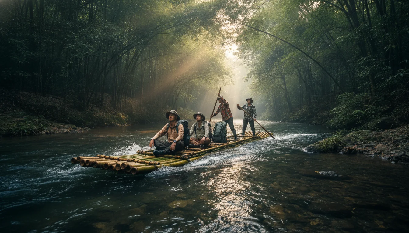atmospheric shot showing a key landmark, viewpoint, market, temple, or natural feature at Sangkhla Buri — a view of the Song Kalia River winding through a dense bamboo forest north of town, with a traditional bamboo raft carrying four travellers floating down the gentle rapids under the overhanging jungle canopy