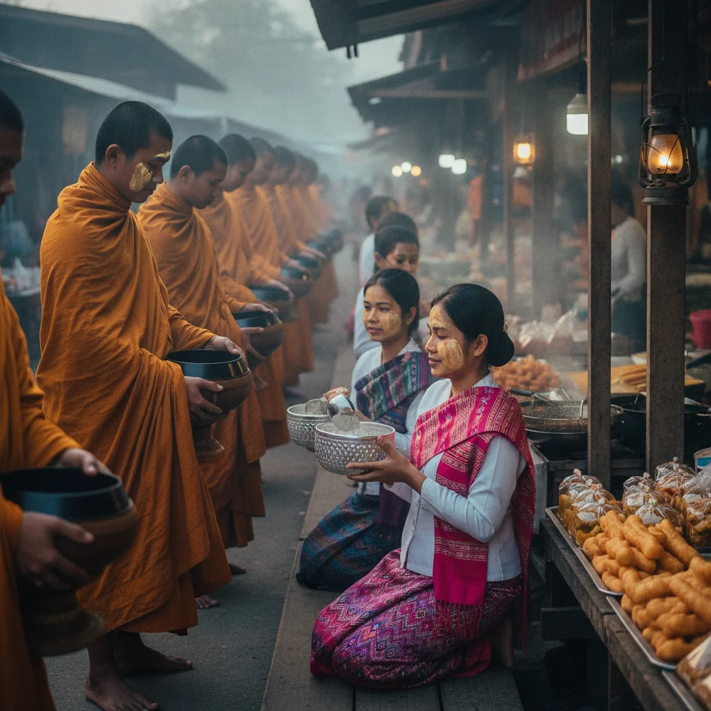 a scene showing the reality of daily life, food, or activity at Sangkhla Buri — a close-up of a Mon market stall in Ban Wang Ka village at 06:30, showing local women dressed in traditional colourful sarongs with white powder applied to their cheeks, offering silver bowls of rice and packaged curries to a line of barefoot Buddhist monks walking past tables of freshly fried Mon-style dough sticks