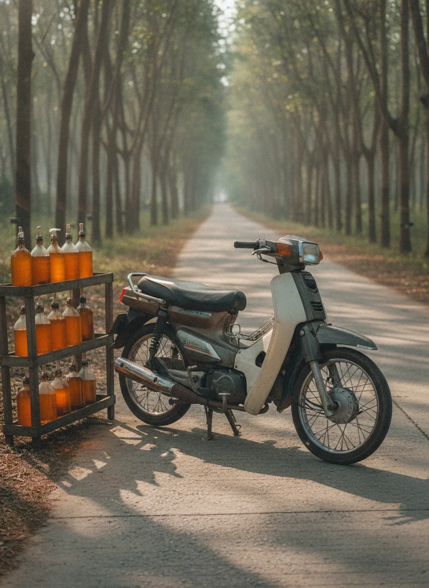 a practical or atmospheric scene at or near Koh Jum — a street, market stall, viewpoint, or local transport scene — a narrow concrete island road lined with rubber trees, where a single scooter is parked next to a rack of glass bottles containing petrol for sale