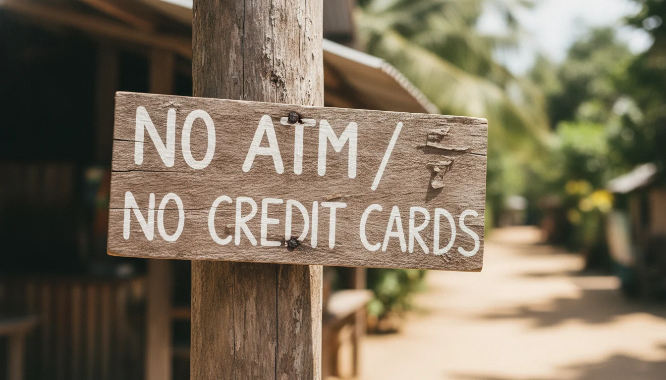 a detail shot of a landmark, local scene, food, or cultural element specific to Koh Jum — describe what is visible — a hand-painted wooden sign warning visitors about the lack of ATMs and credit card services on the island, nailed to a rustic post outside a local shop