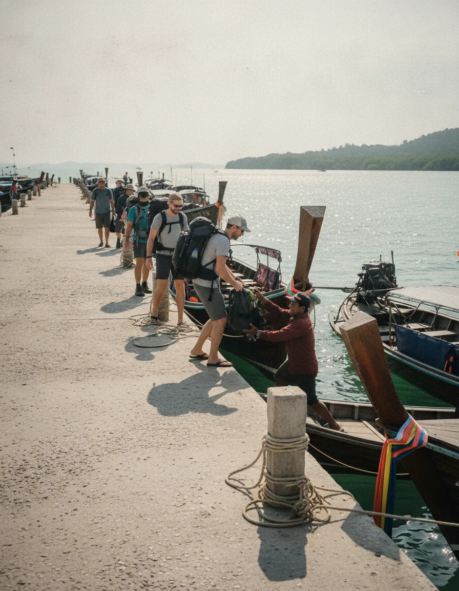 the approach road, bus station, ferry pier, or transport hub serving Koh Jum — describe what is visible — the small, concrete Laem Kruat Pier on the Krabi mainland, with several wooden longtail boats tied to the posts and passengers boarding with backpacks