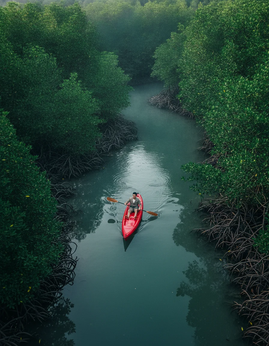 atmospheric shot showing a key landmark, viewpoint, market, temple, or natural feature at Koh Jum — the dense green mangrove trees lining the peaceful eastern shore of the island, with a single red kayak paddling through the calm water channels