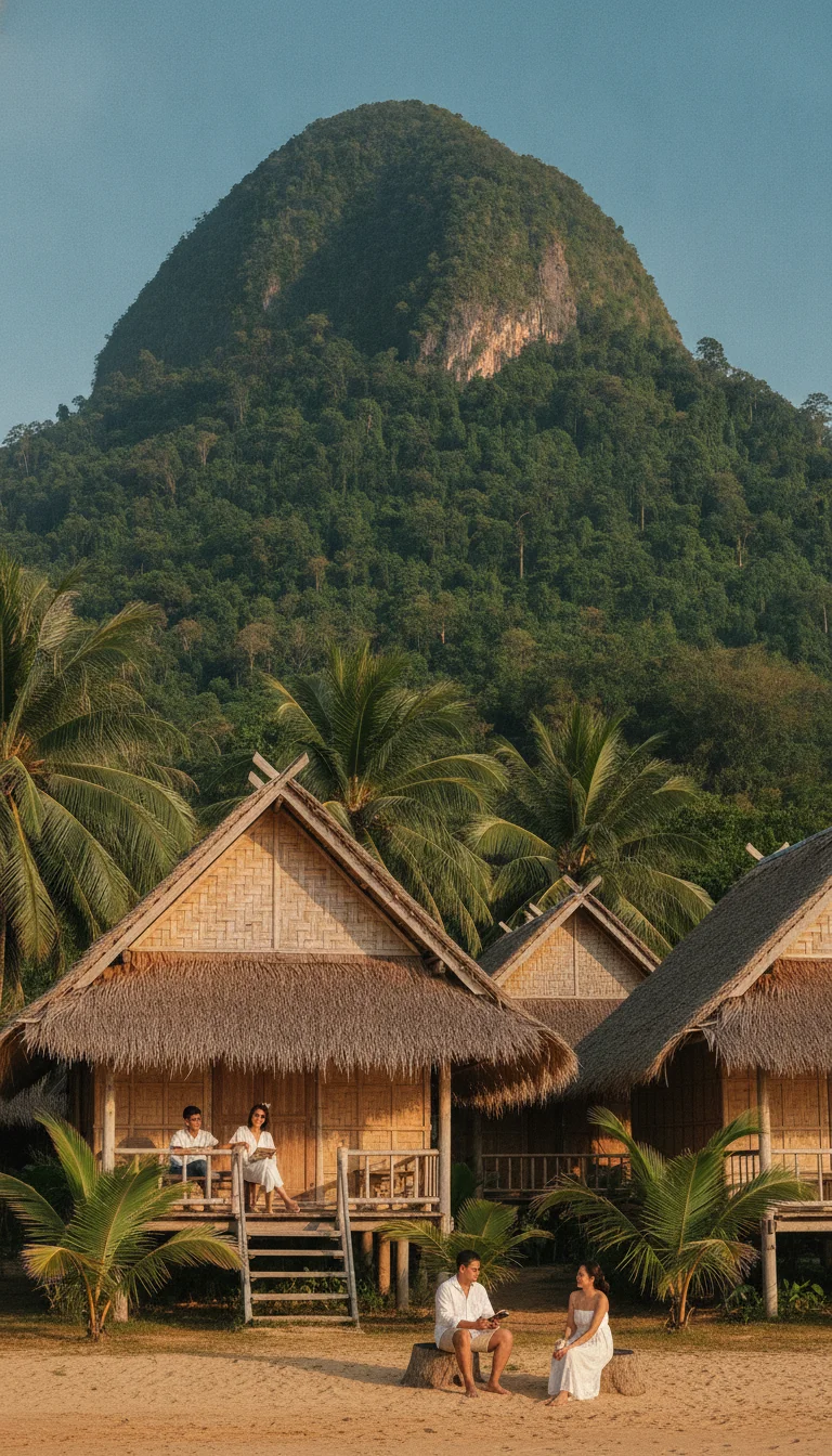 atmospheric shot showing a key landmark, viewpoint, market, temple, or natural feature at Koh Jum — the towering green peak of Mount Pu rising behind a cluster of traditional thatched-roof bamboo bungalows tucked under coconut palms on Ting Rai Beach