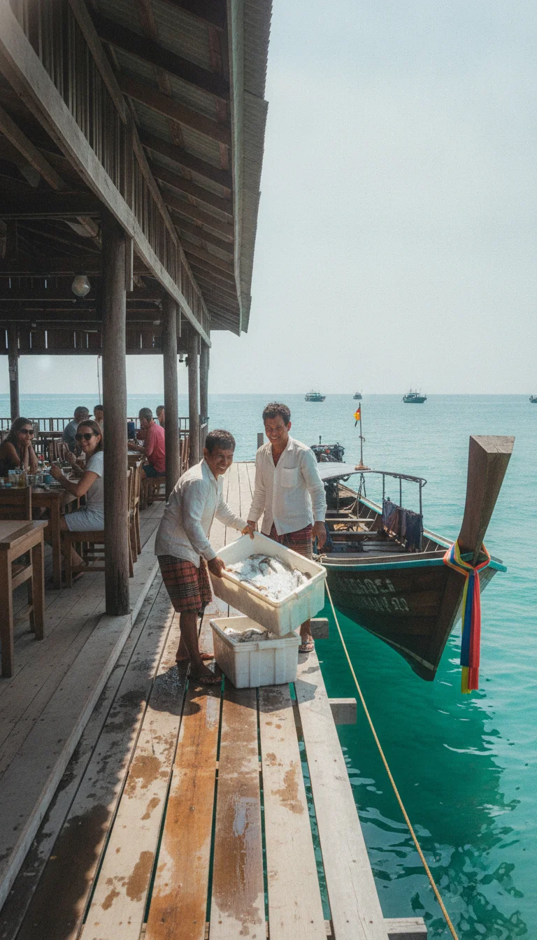 a scene showing the reality of daily life, food, or activity at Koh Jum — describe exactly what is visible — a rustic wooden restaurant built on stilts over the water at Baan Koh Jum pier, with fresh fish on ice, local fishers unloading their catch from a longtail boat, and diners sitting at simple wooden tables