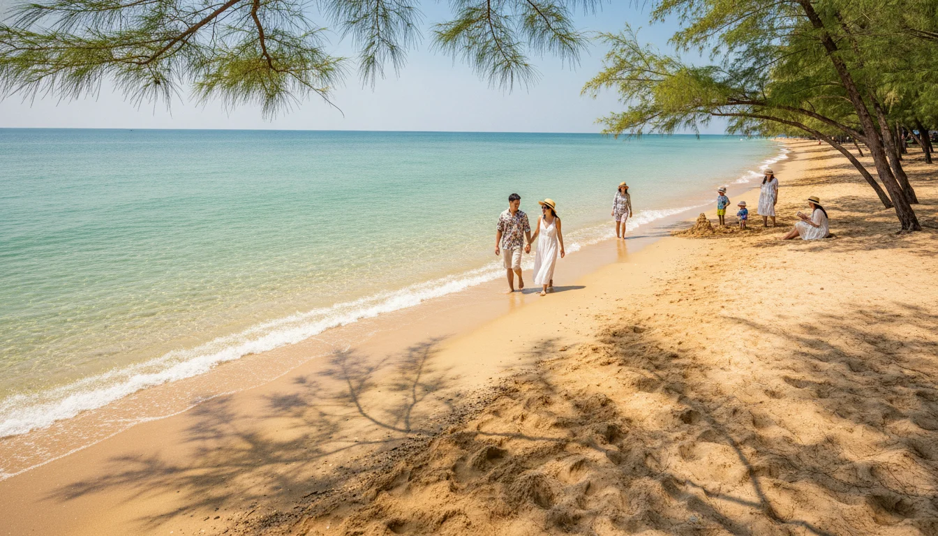 a scenic view of Golden Pearl Beach at high tide — the wide band of golden-brown sand meeting clear turquoise water under a bright sky, with overhanging casuarina trees providing shade along the edge