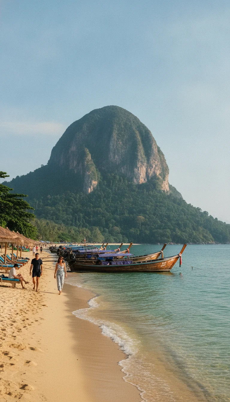 wide establishing shot of Koh Jum — describe exactly what is visible including the landscape, key buildings, streets, or natural features that define this location's character — the towering green pyramid of Mount Pu rising out of the sea in the background, with a long, empty golden sand beach curving in the foreground and a few wooden longtail boats bobbing near the shore