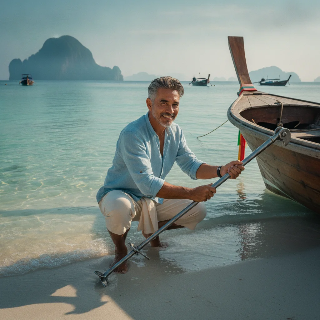 a practical or atmospheric scene at or near Koh Ngai — a local longtail boatman preparing his wooden boat on the beach, adjusting the long propeller shaft as the morning tide comes in