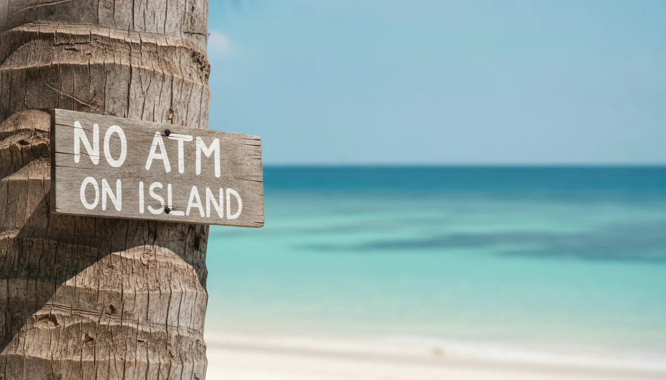 a detail shot of a landmark, local scene, food, or cultural element specific to Koh Ngai — a hand-painted wooden sign on a coconut palm warning visitors about the absence of ATMs on the island, with clear blue sea behind it