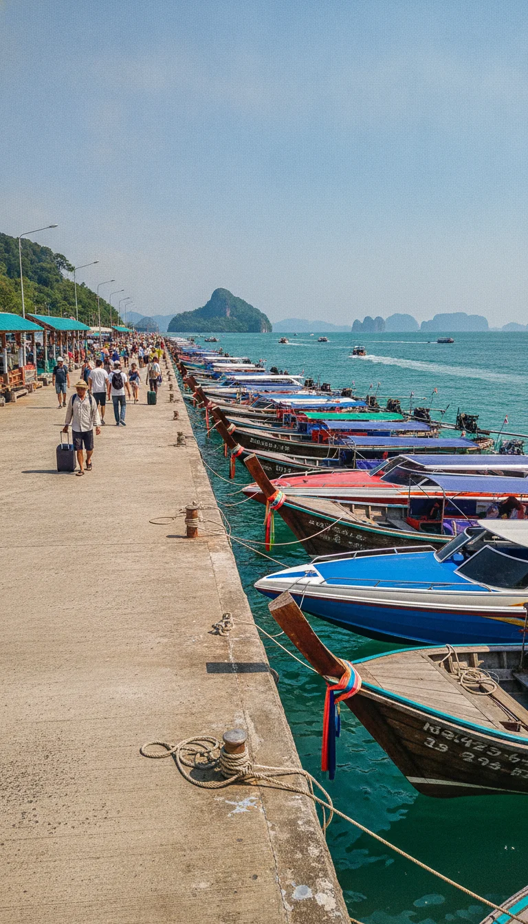 the approach road, bus station, ferry pier, or transport hub serving Koh Ngai — the busy Pak Meng Pier in Trang with colourful speedboats and traditional longtails docked alongside a concrete walkway