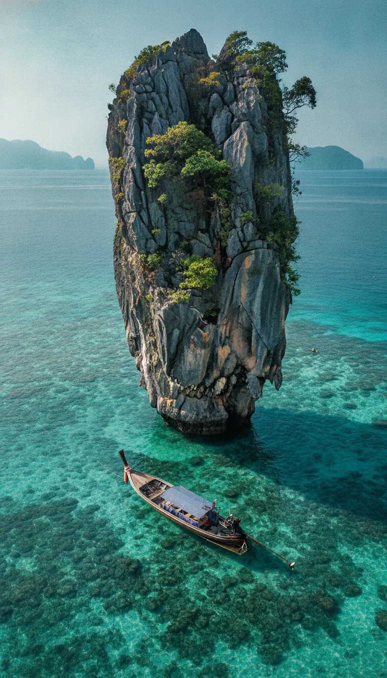 atmospheric shot showing a key landmark, viewpoint, market, temple, or natural feature at Koh Ngai — the dramatic limestone karst of Koh Maa rising vertically out of the sea, surrounded by shallow coral reefs and a lone longtail boat anchored nearby