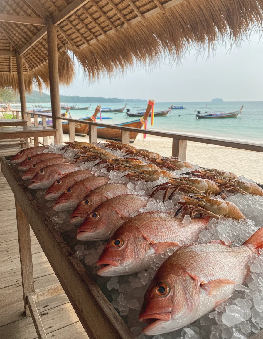 a scene showing the reality of daily life, food, or activity at Koh Ngai — a rustic wooden beachfront restaurant deck at Koh Ngai Seafood, where fresh snapper and tiger prawns are displayed on ice under a thatched roof with longtail boats bobbing in the background