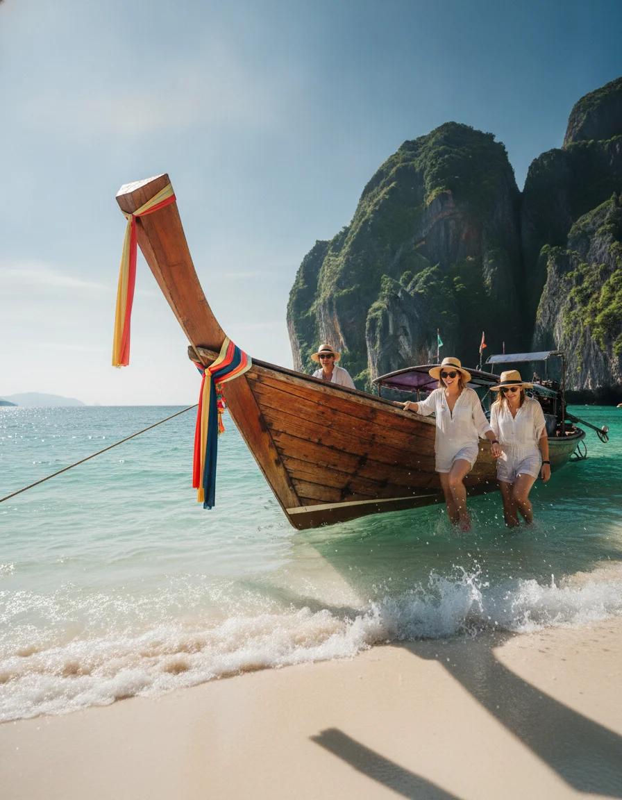 A longtail boat moored on the soft sand of Railay West, with its colorful ribbons tied around the prow, as passengers step off into the shallow water under the afternoon sun