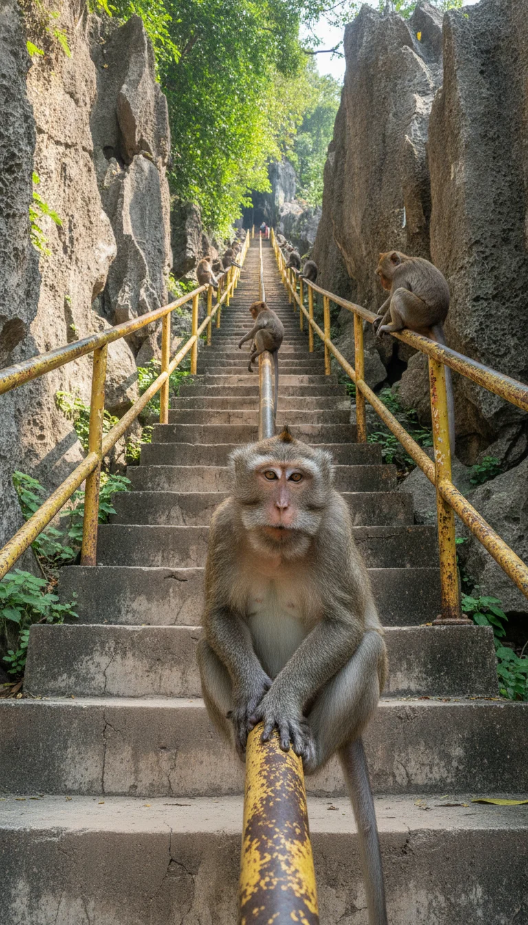 A close-up detail shot of the steps leading up to Wat Tham Suea, showing the steep concrete staircase built into the limestone cliff side with monkeys sitting on the handrails