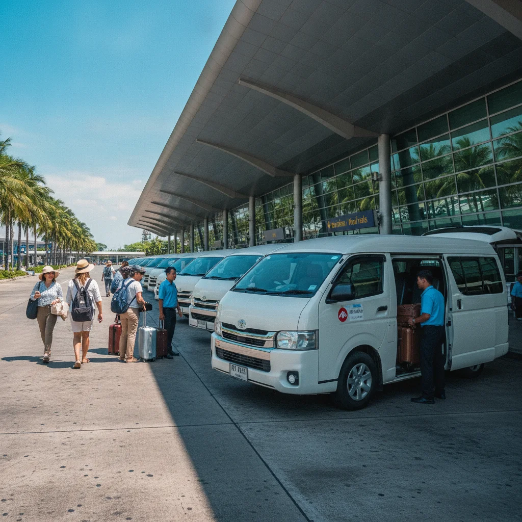 The arrival terminal at Krabi International Airport with regional shared minivans parked outside under the canopy, ready to transport arriving passengers to Ao Nang and Krabi Town