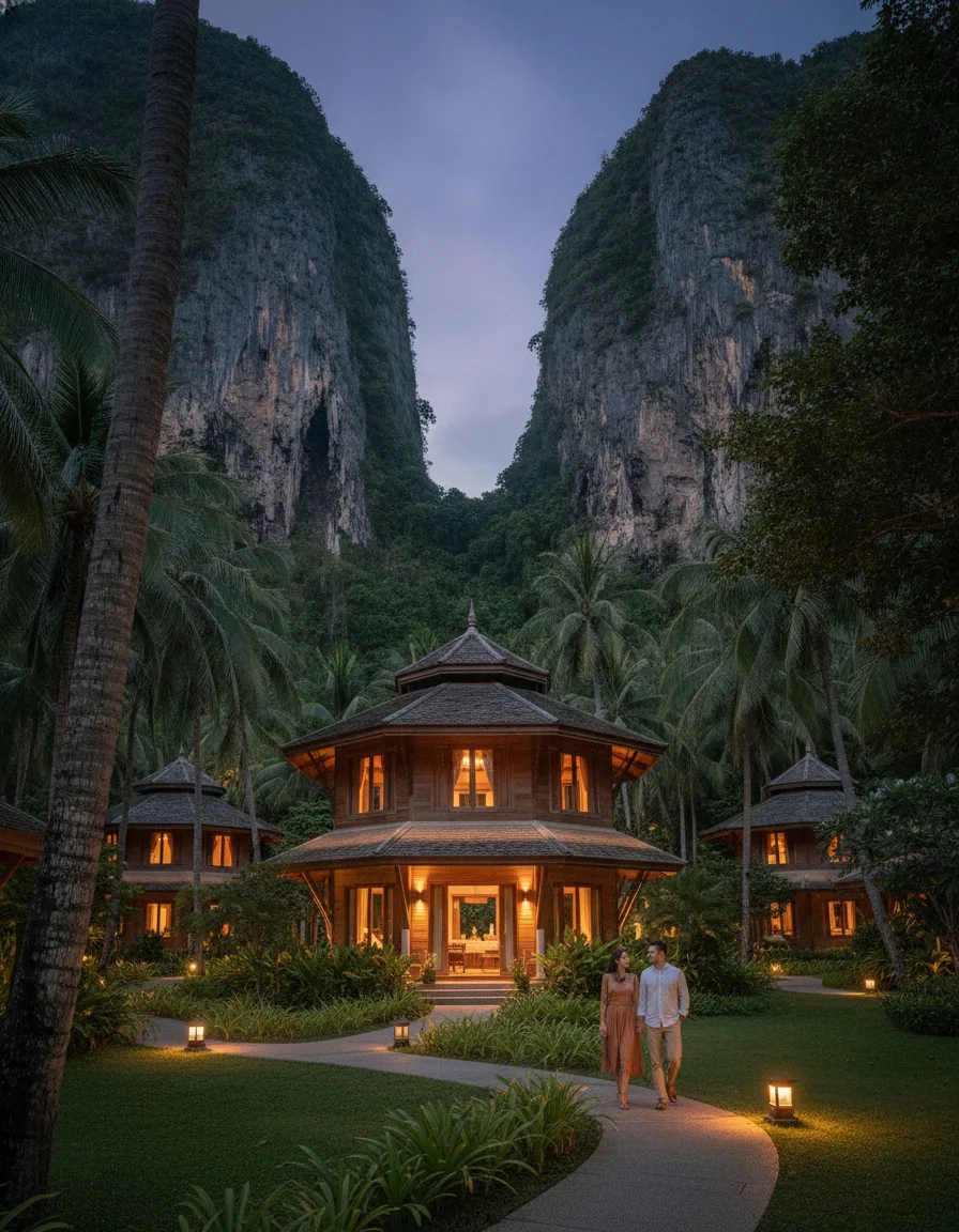 An atmospheric shot of the luxury resort Rayavadee, showing the traditional pavilion-style villas situated beneath towering limestone cliffs and surrounded by dense coconut groves at the edge of Railay Beach at dusk