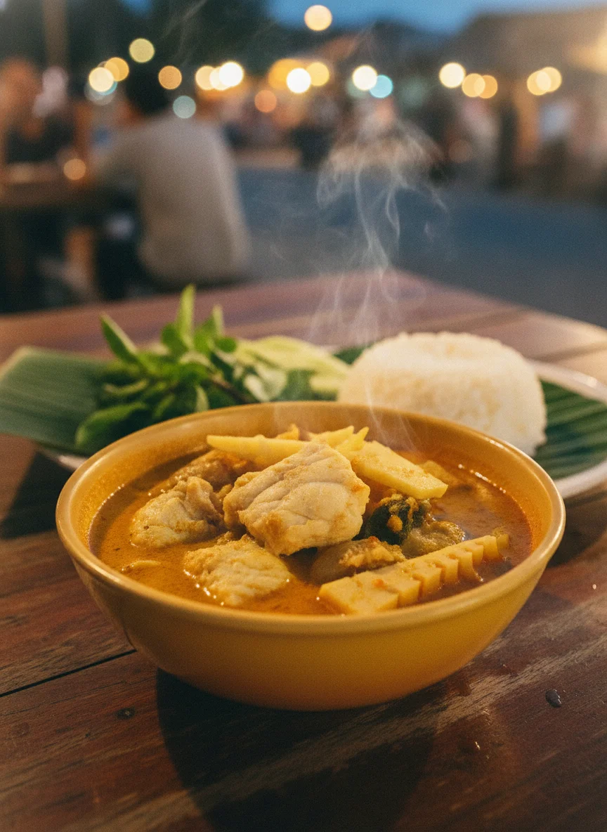 A close-up of a steaming bowl of yellow-orange Southern Thai sour curry, gaeng som, filled with fresh local fish and bamboo shoots, served on a dark wooden table next to a plate of fresh green herbs and a portion of steaming white jasmine rice at Krabi Walking Street