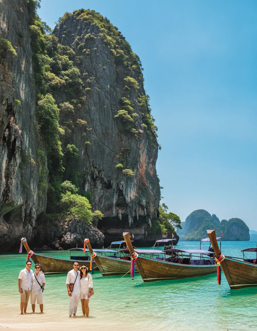 A wide establishing shot of the Krabi Province coastline showing the dramatic limestone cliffs rising out of the turquoise waters of the Andaman Sea, with traditional longtail boats moored along the shoreline of Ao Nang and the green, jungle-clad hills of the mainland visible in the background under a clear blue sky