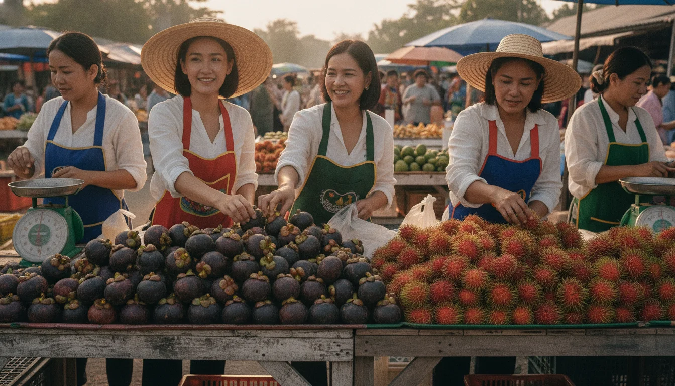 The Khanom Wednesday market showing a vibrant array of local fruits like mangosteens and rambutans stacked on wooden tables, with local residents in sun hats browsing the stalls