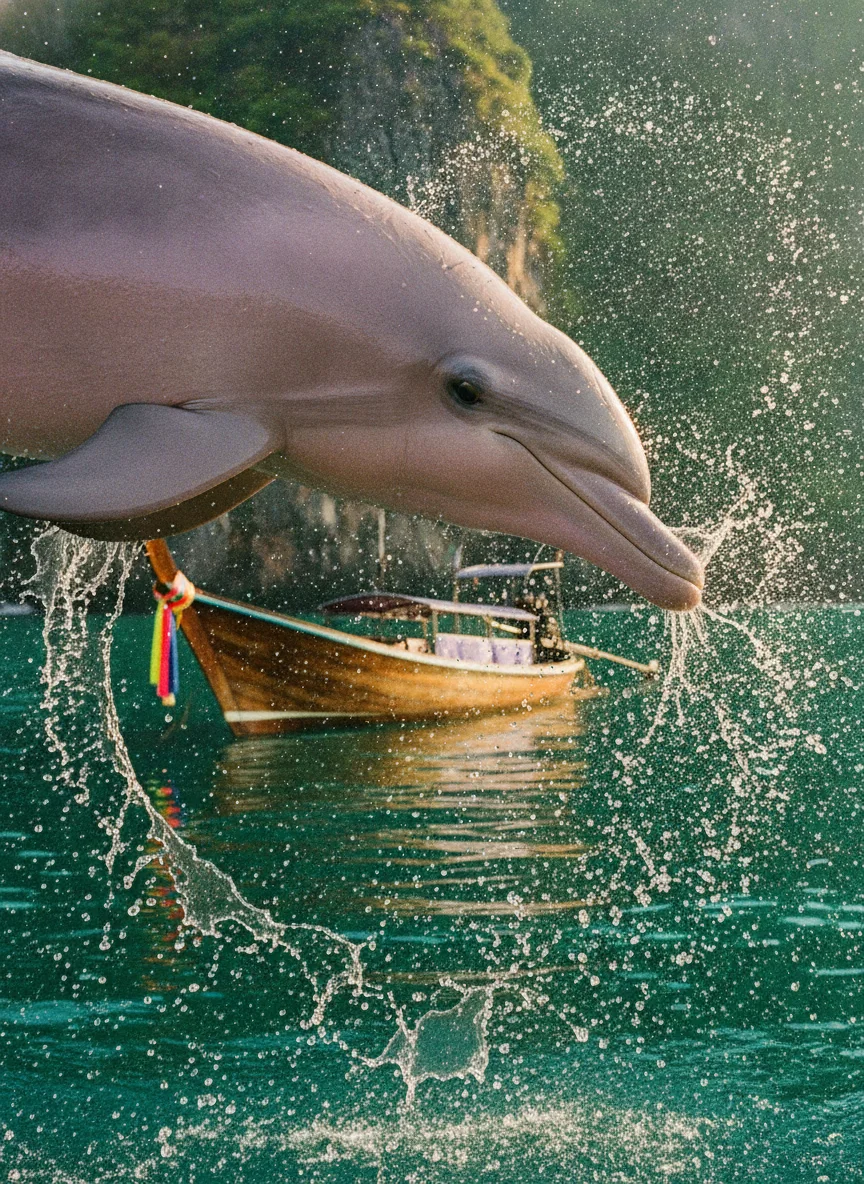 A close-up of a pink dolphin breaching the water near a traditional wooden long-tail boat, with the rugged coastline of Khanom in the background